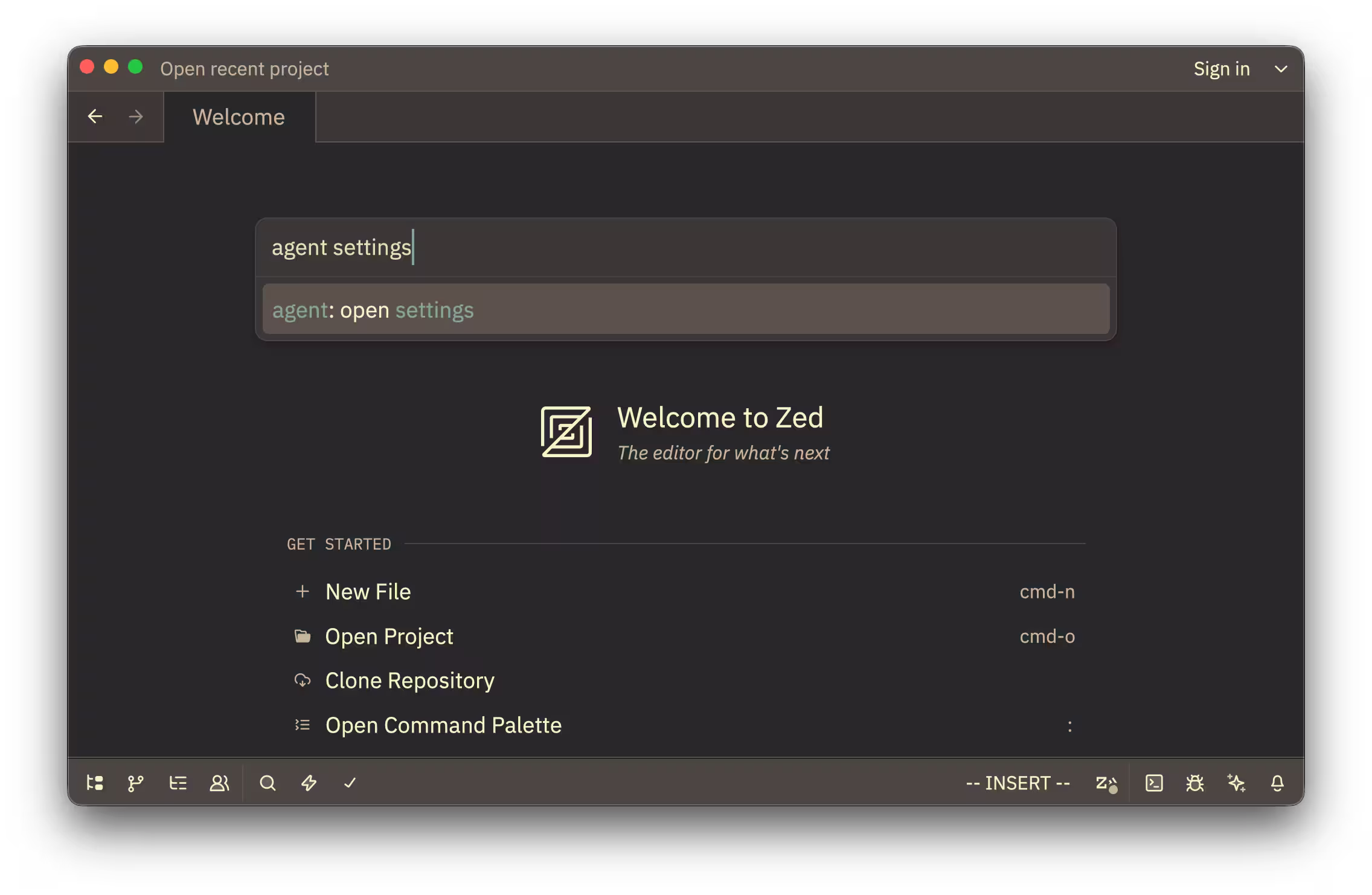 Opening Zed agent settings from command palette
