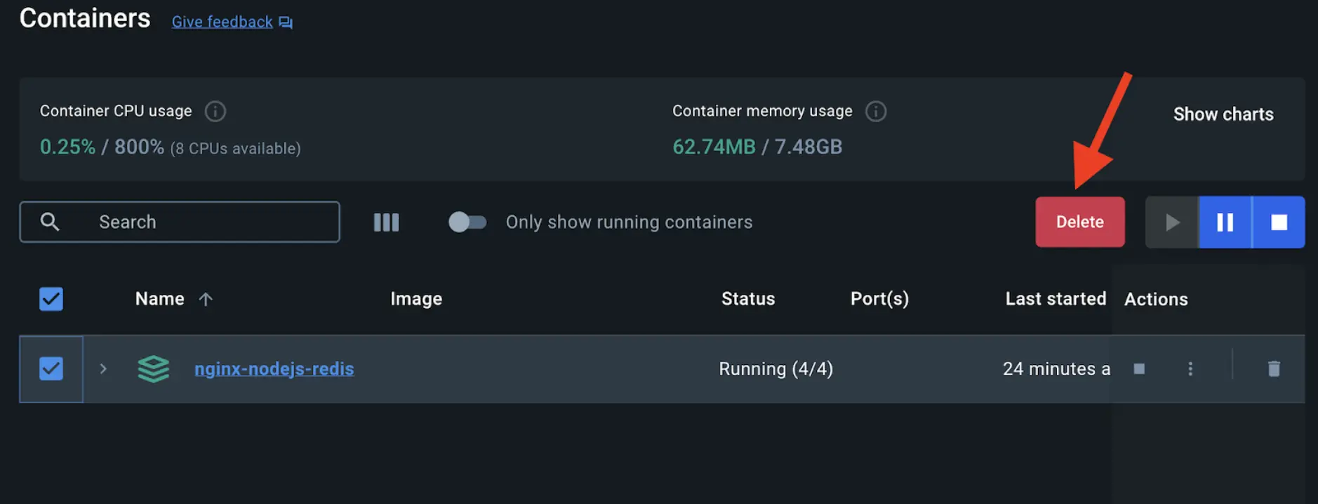 A screenshot of Docker Desktop Dashboard that shows how to remove the containers that you deployed using Docker Compose