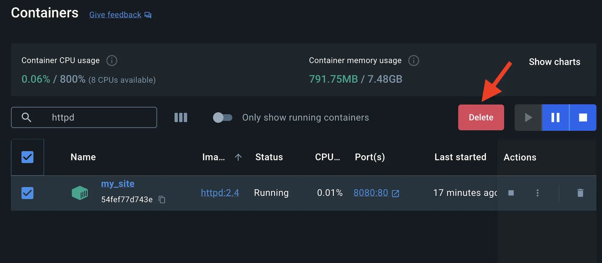 A screenshot of Docker Desktop Dashboard showing how to delete the httpd container