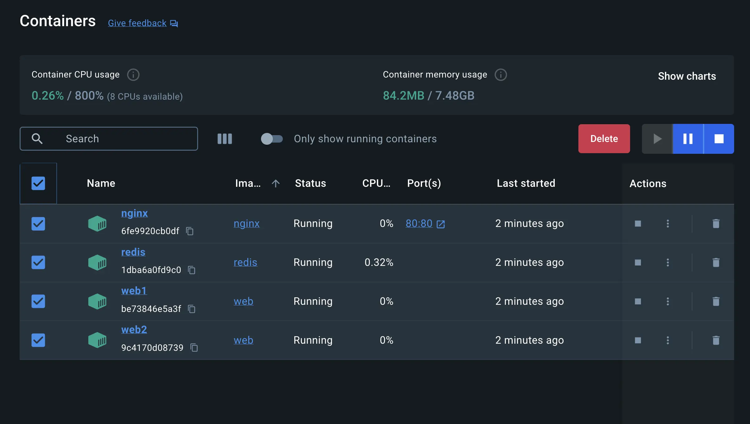 A screenshot of Docker Desktop Dashboard showing how to delete the multi-container applications