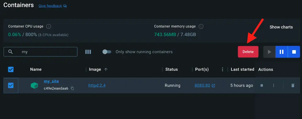 A screenshot of Docker Desktop Dashboard showing how to delete the container