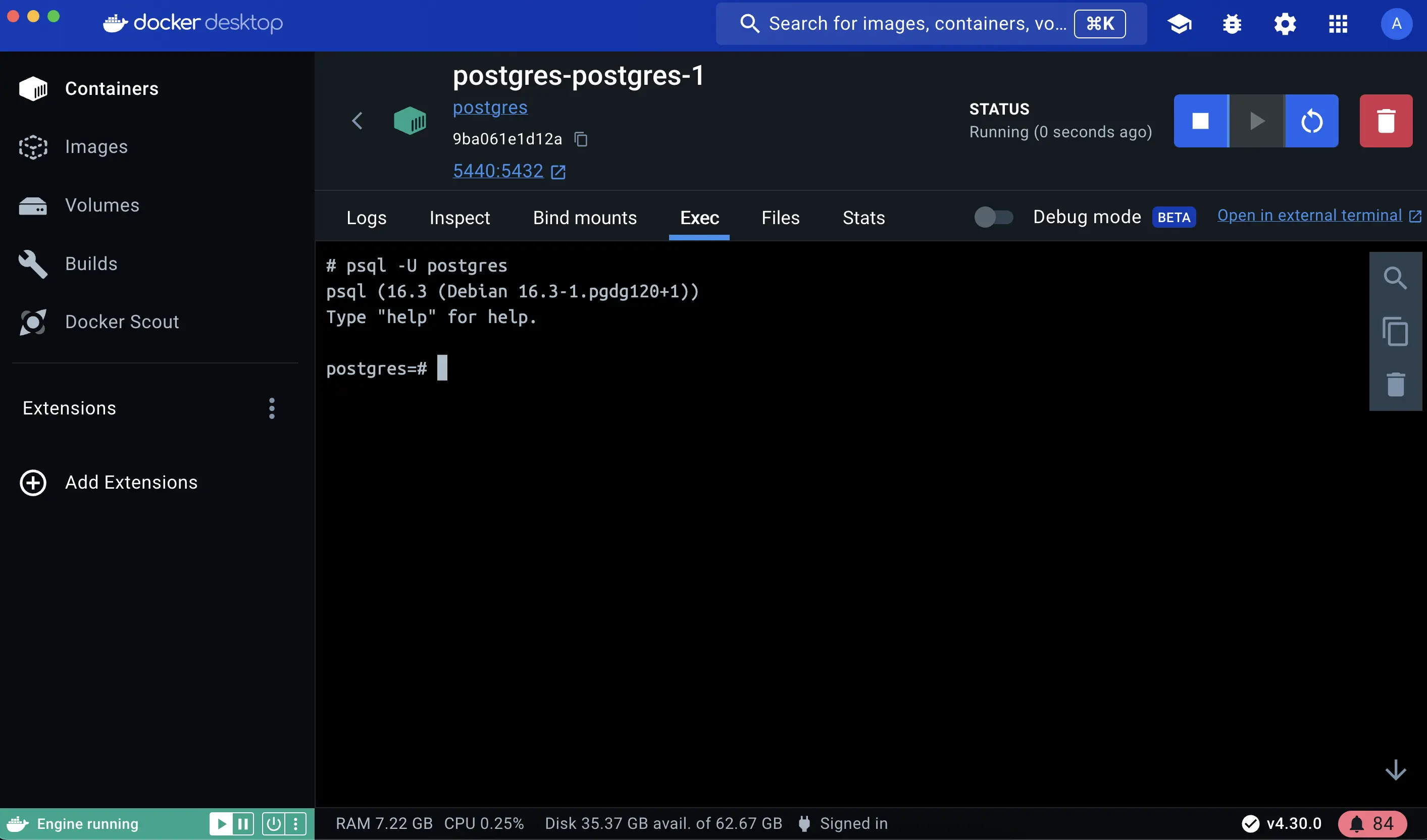 A screenshot of the Docker Desktop Dashboard selecting the Postgres container and entering into its shell using EXEC button