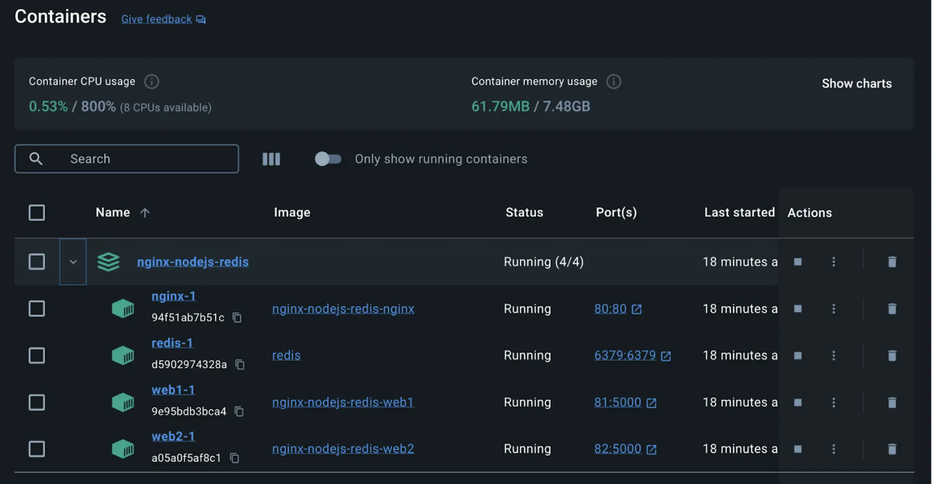 A screenshot of the Docker Desktop Dashboard showing the containers of the application stack deployed using Docker Compose