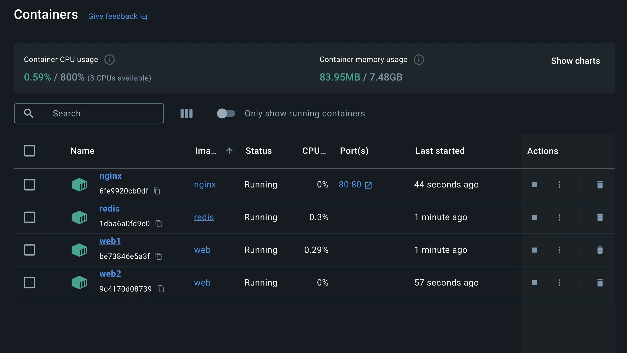 A screenshot of the Docker Desktop Dashboard showing multi-container applications