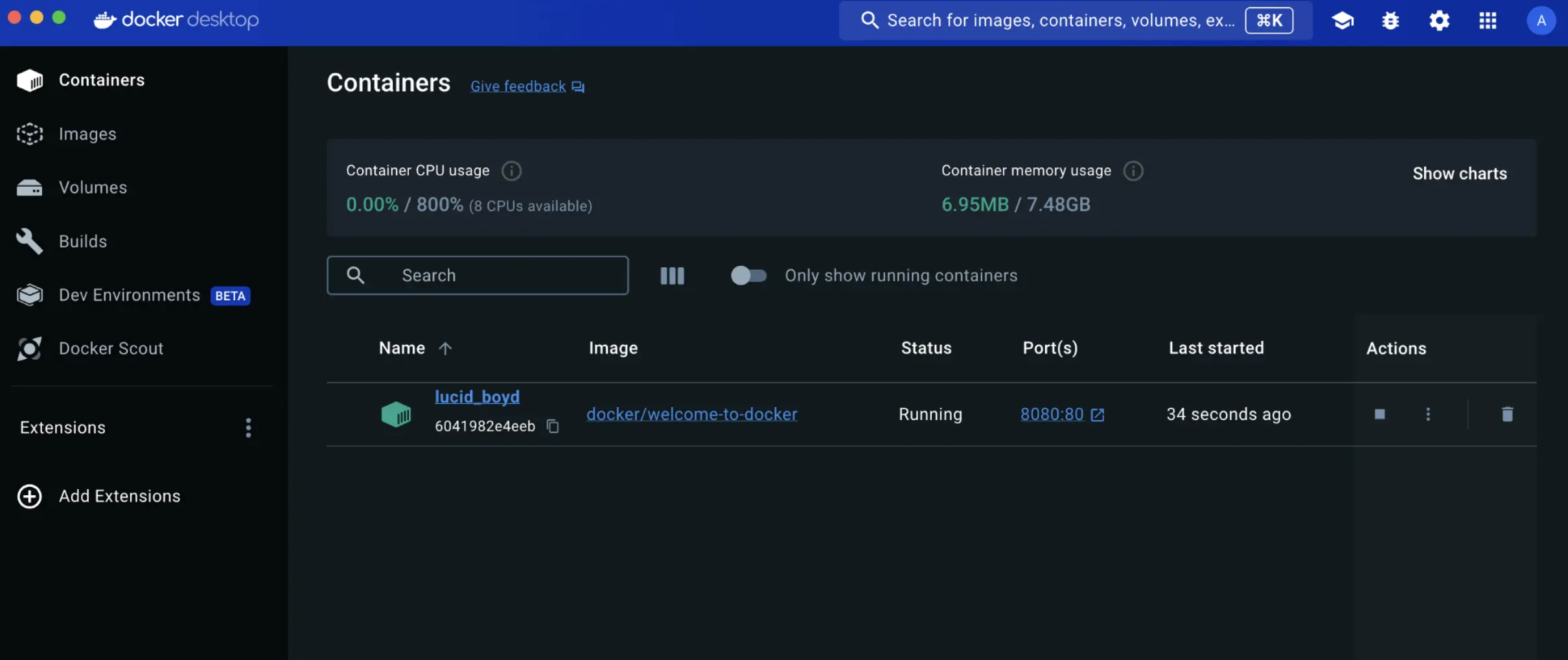 A screenshot of Docker Desktop Dashboard showing the published port