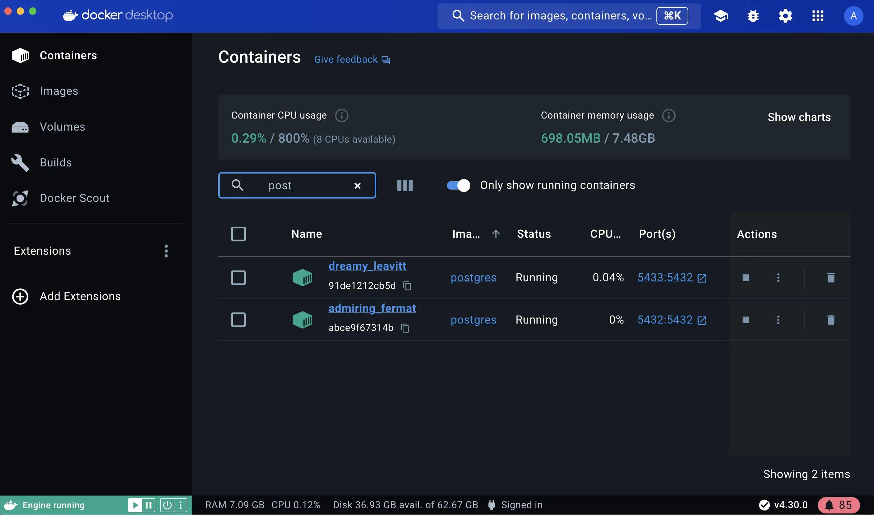 A screenshot of the Docker Desktop Dashboard showing the running instances of Postgres containers