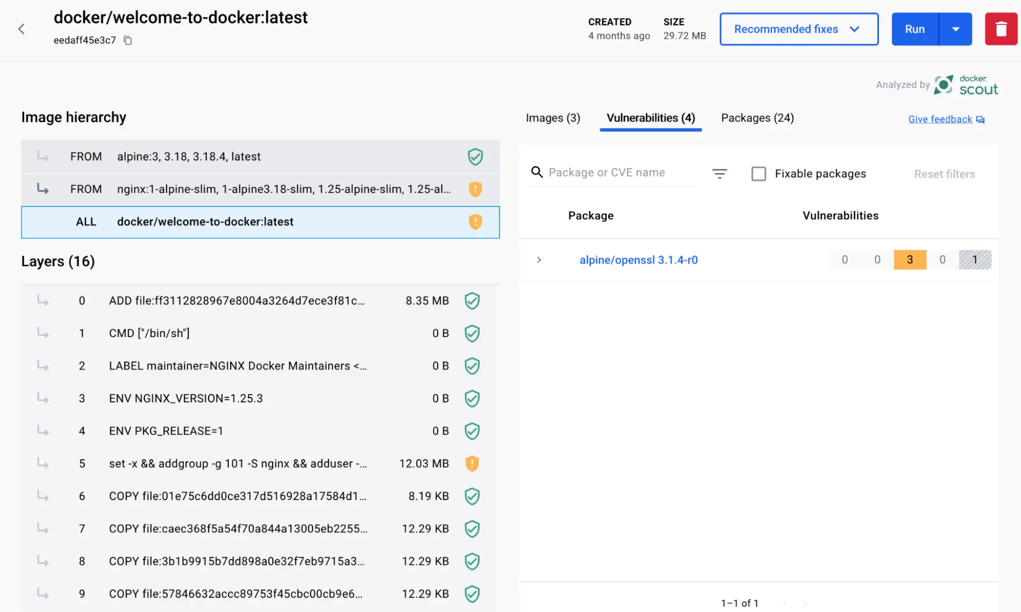 イメージ詳細画面のスクリーンショット、docker/welcome-to-docker イメージ