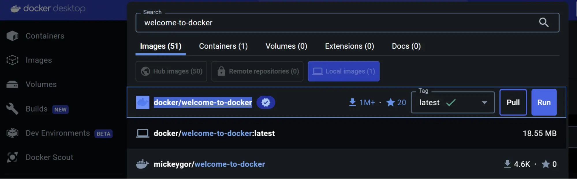 Docker Desktop Dashboard のスクリーンショット、Docker イメージ welcome-to-docker の検索結果