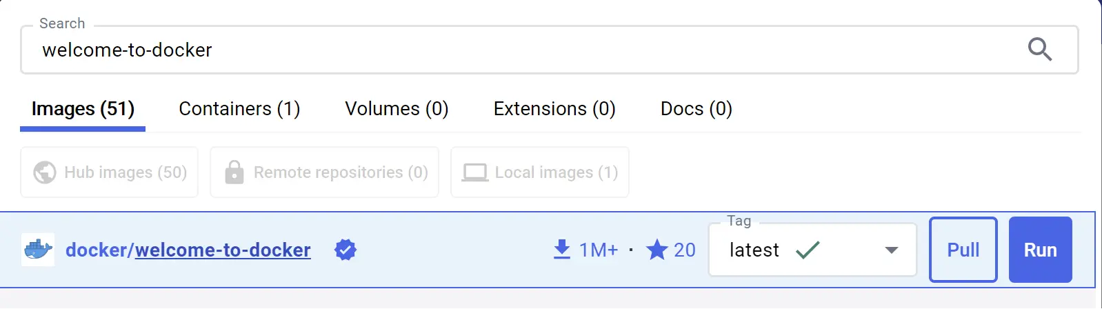 Docker Desktop Dashboard のスクリーンショット、検索結果に docker/welcome-to-docker イメージ