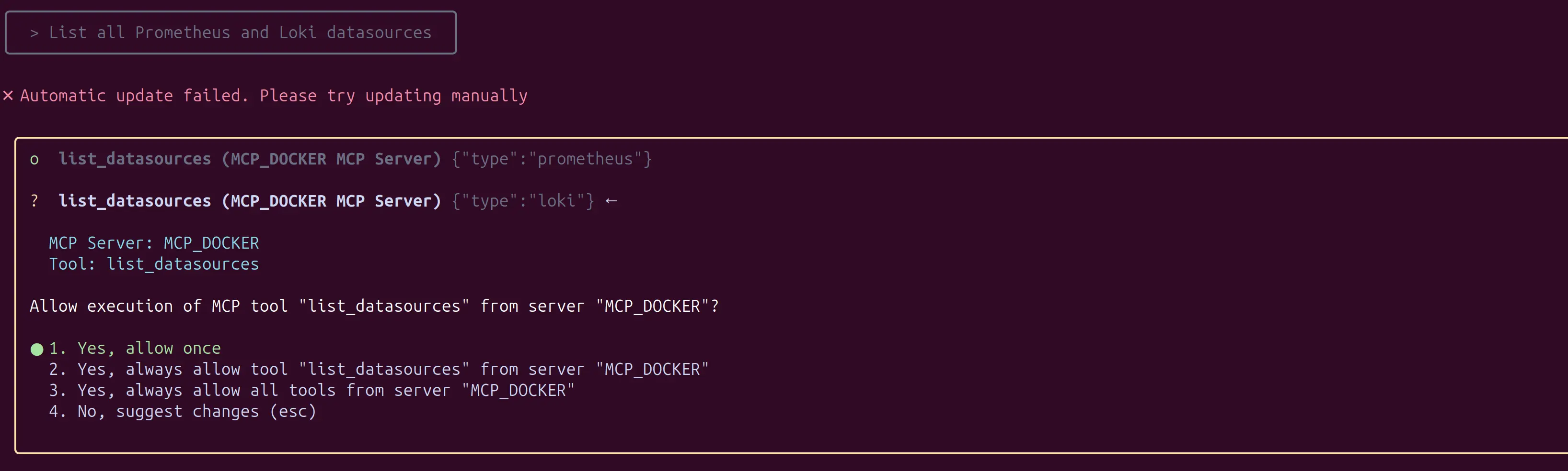 List data sources; permission prompt