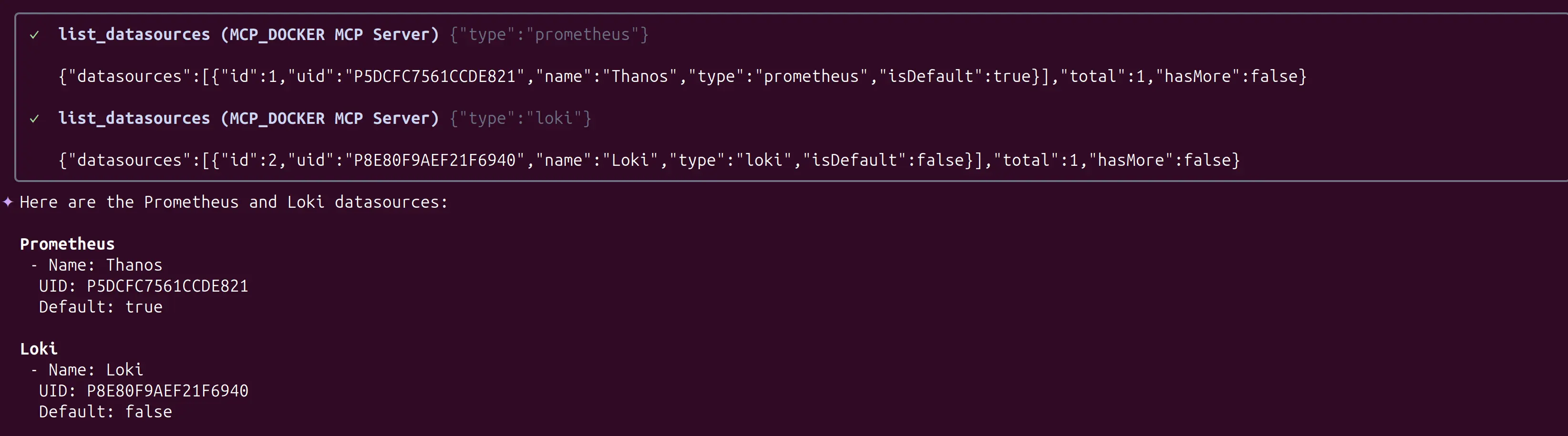 List data sources; result