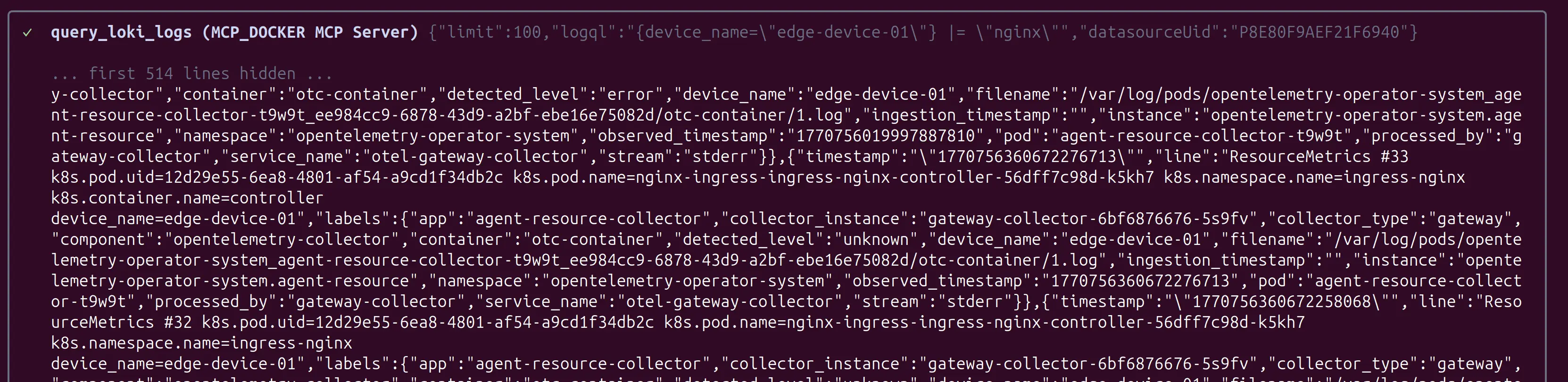 Gemini gets the Grafana's logs from MCP docker