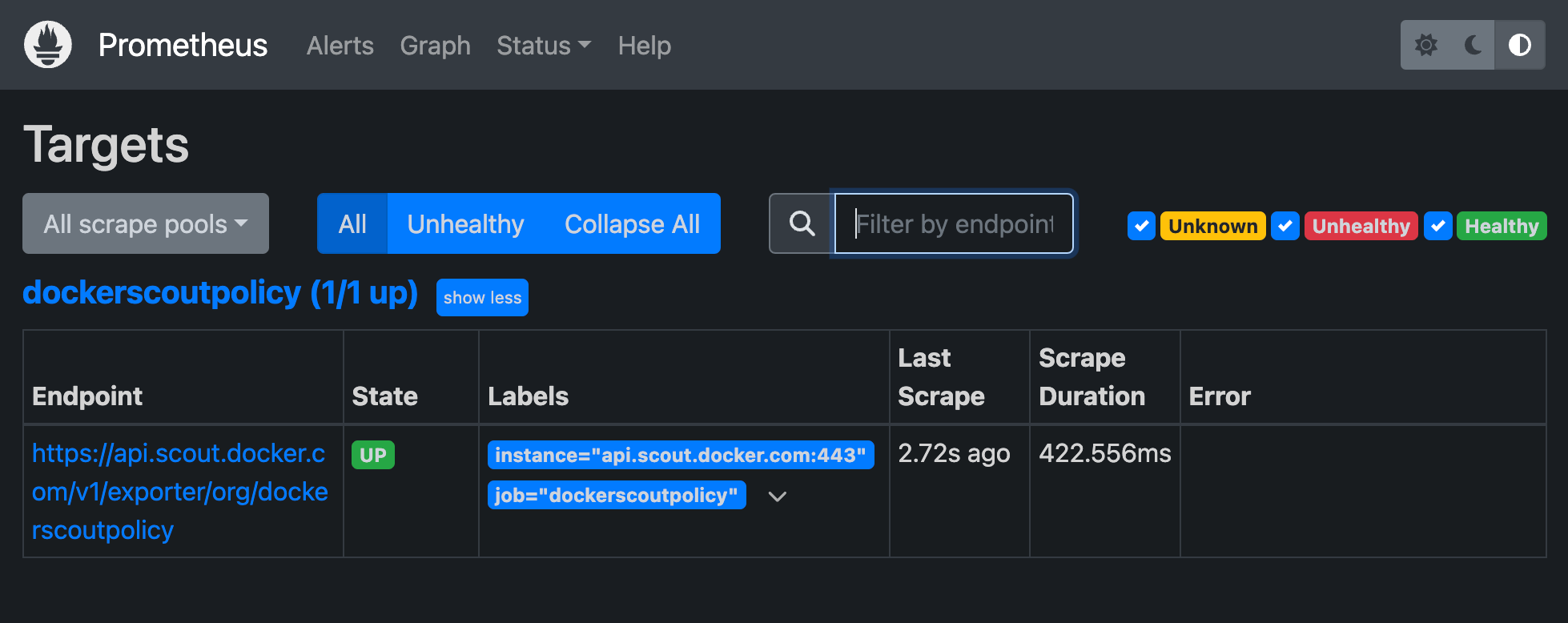 Docker Scout metrics exporter Prometheus target