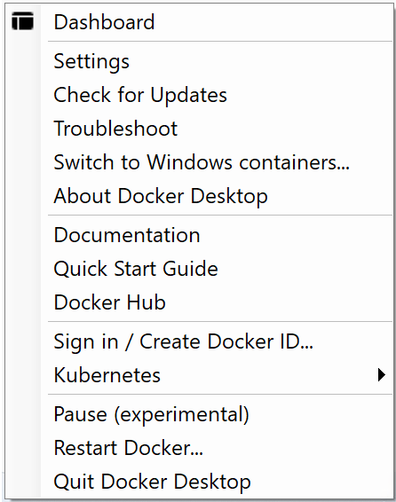 Docker Desktop ポップアップメニュー